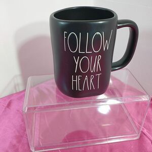 Rae Dunn Follow Your Heart Mug Matte Black Long White Writing. Condition is New